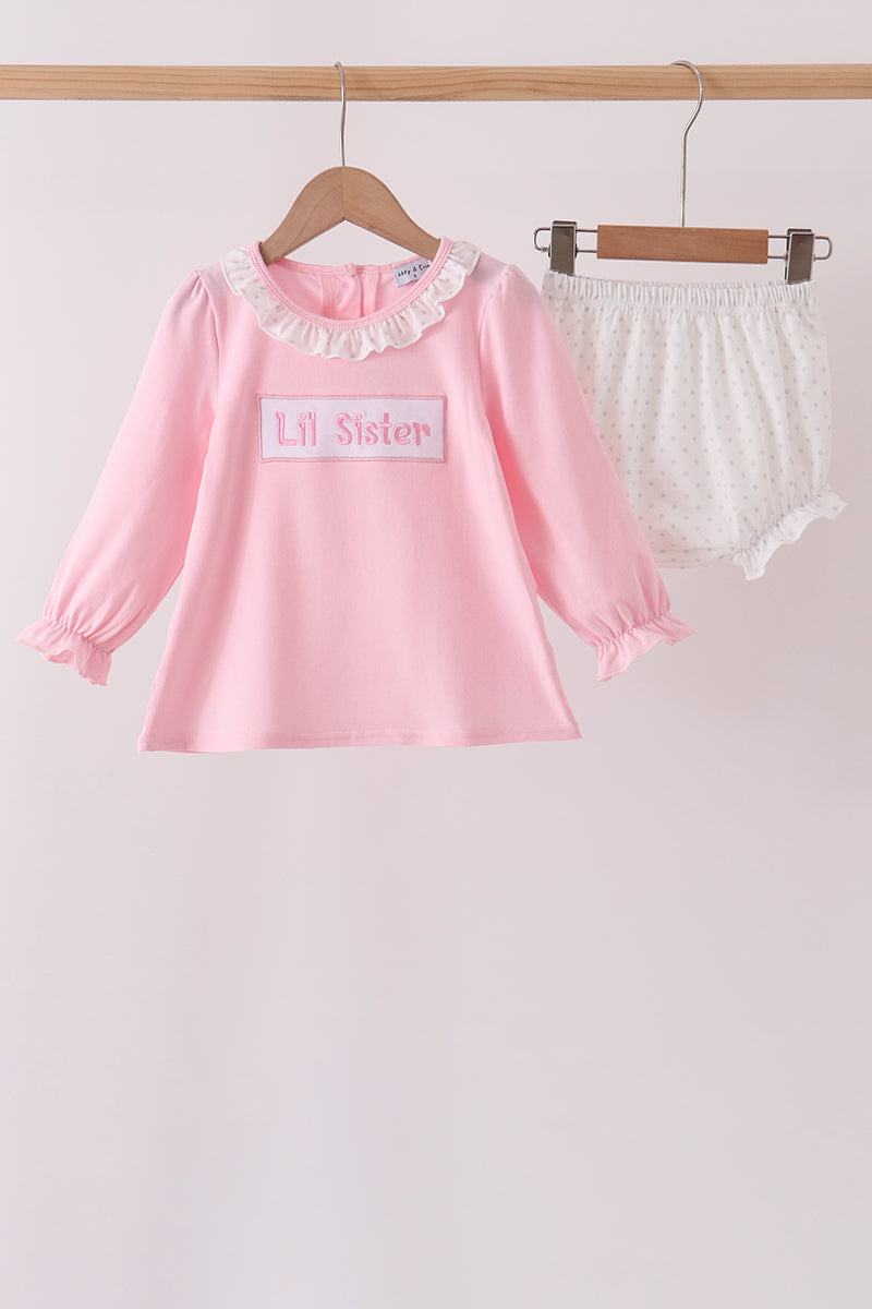Pink Lil sister embroidery ruffle bloomer set - ARIA KIDS