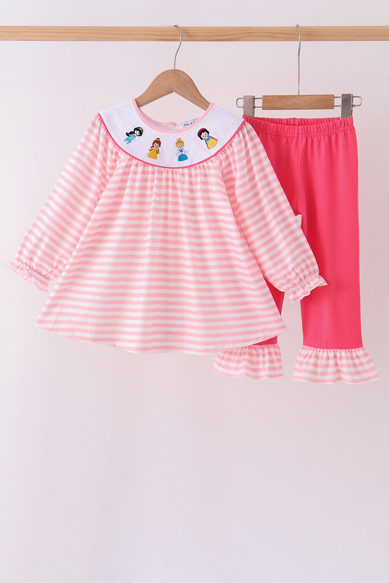 Pink Stripe Princess Embroidery Ruffle Pants Set - ARIA KIDS