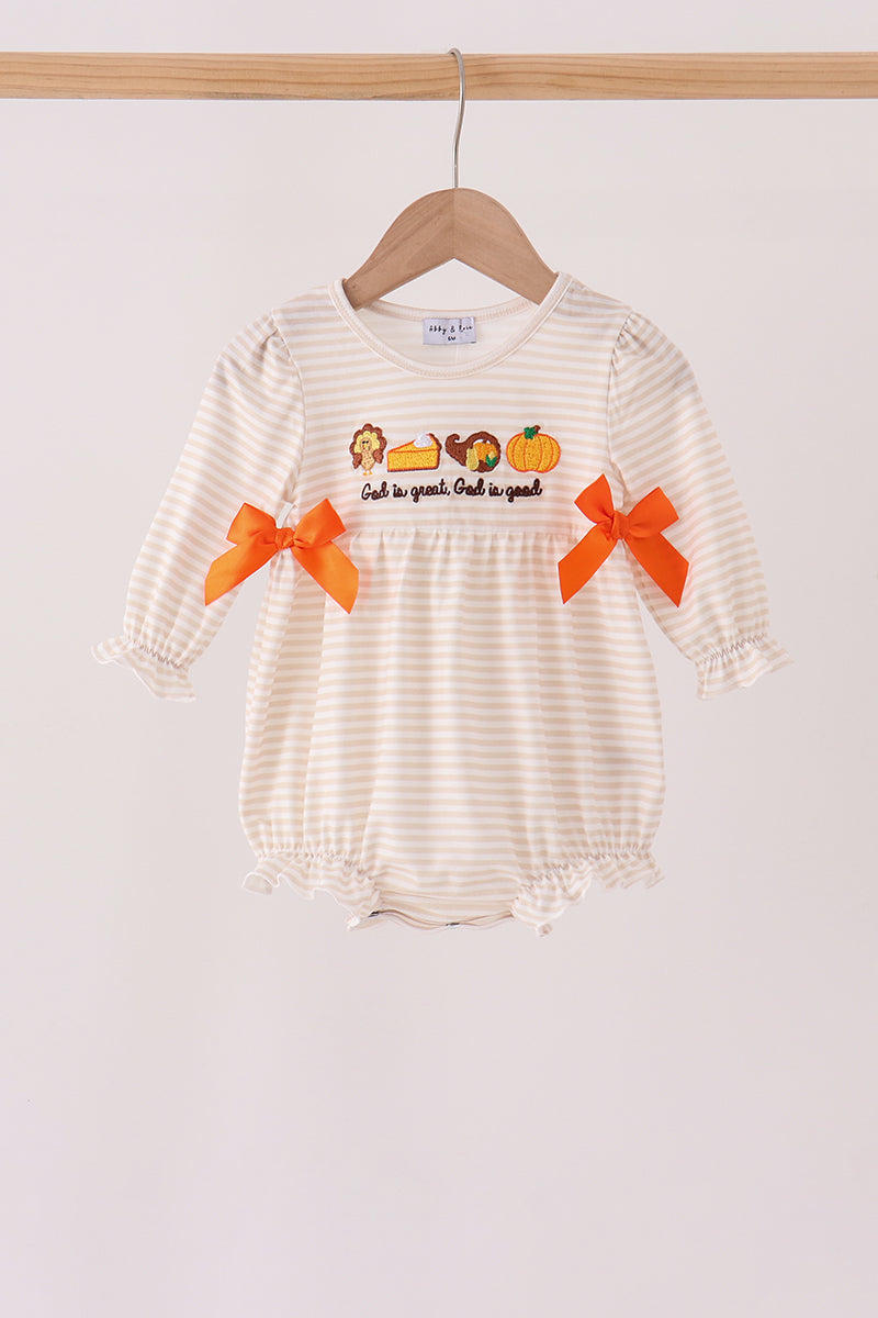 Cream turkey pumpkin embroidery bow bubble - ARIA KIDS