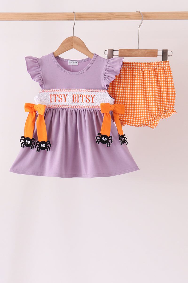 Purple spider smocked ruffle bloomer set - ARIA KIDS