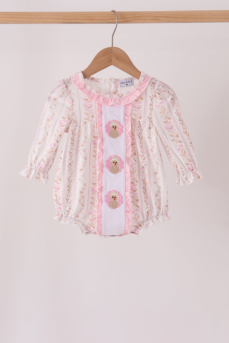 Pink floral turkey embroidery ruffle bubble - ARIA KIDS