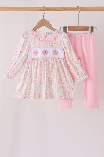 Pink floral turkey embroidery ruffle pants set - ARIA KIDS