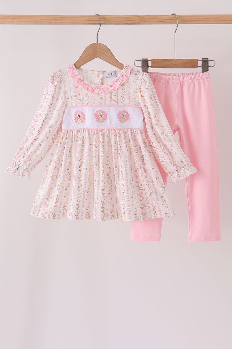 Pink floral turkey embroidery ruffle pants set - ARIA KIDS