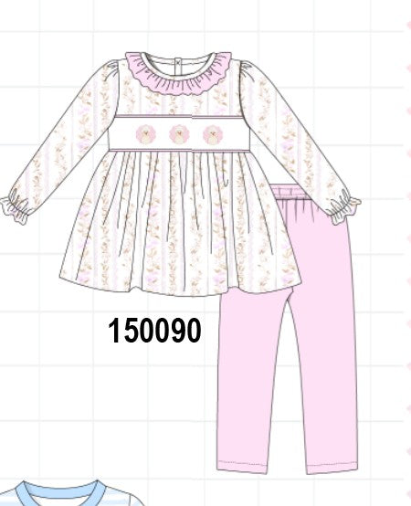 Pink floral turkey embroidery ruffle pants set