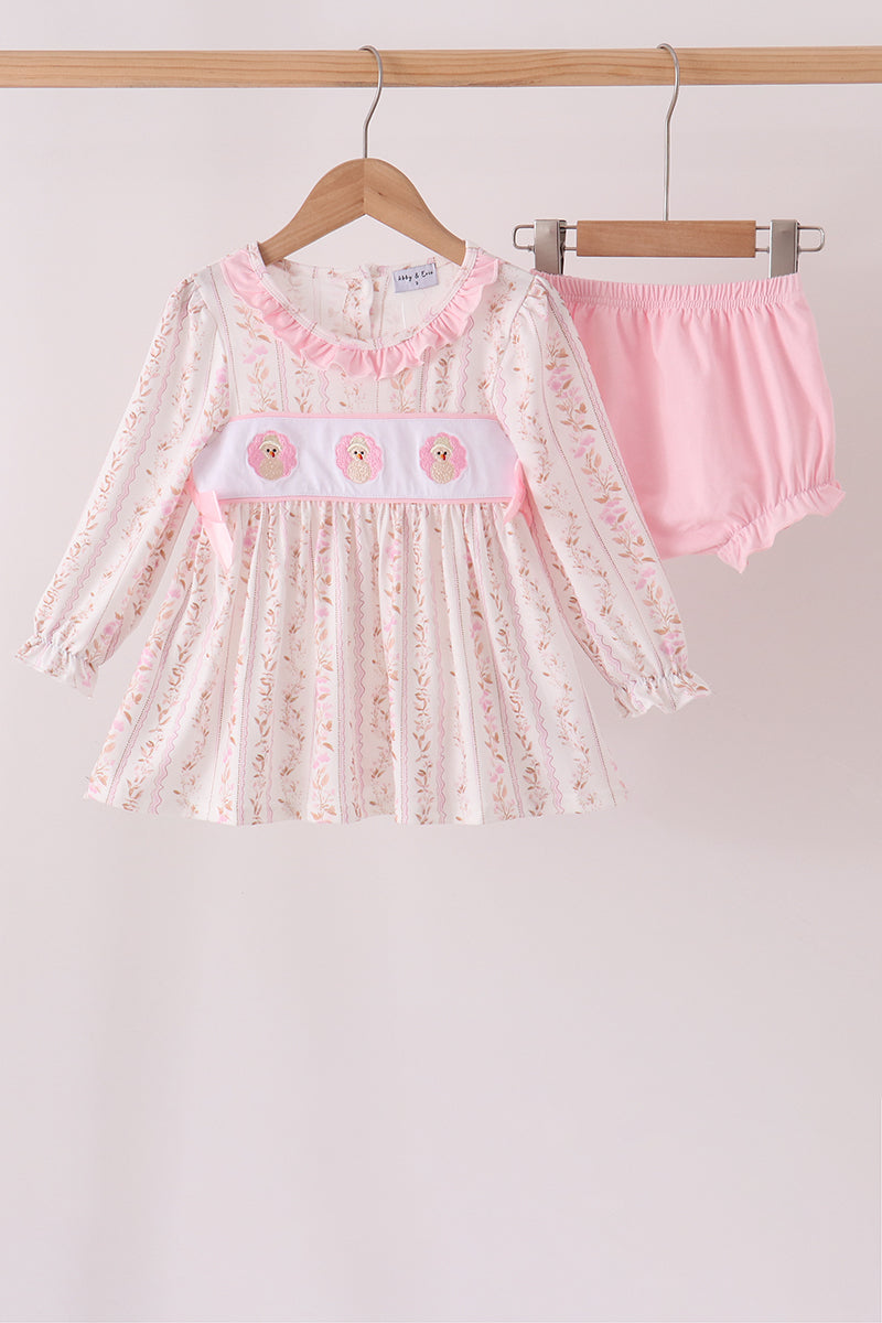 Pink floral turkey embroidery ruffle bloomer set - ARIA KIDS