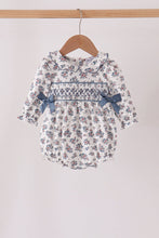 Teal floral smocked bow bubble - ARIA KIDS