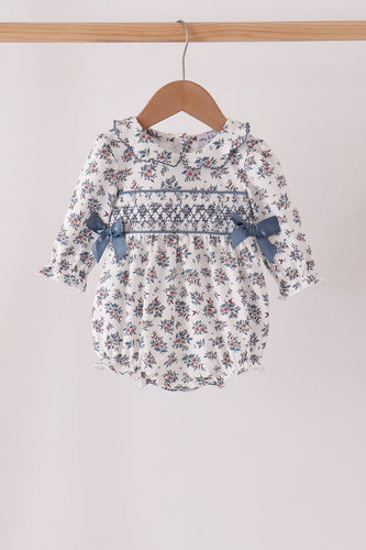 Teal floral smocked bow bubble - ARIA KIDS