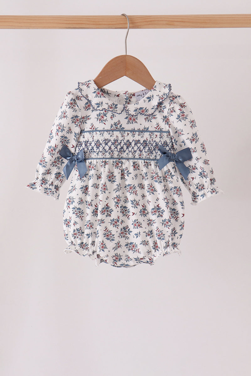 Teal floral smocked bow bubble - ARIA KIDS