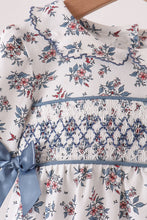 Teal floral smocked bow bubble - ARIA KIDS