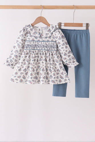 Teal floral smocked pants set - ARIA KIDS