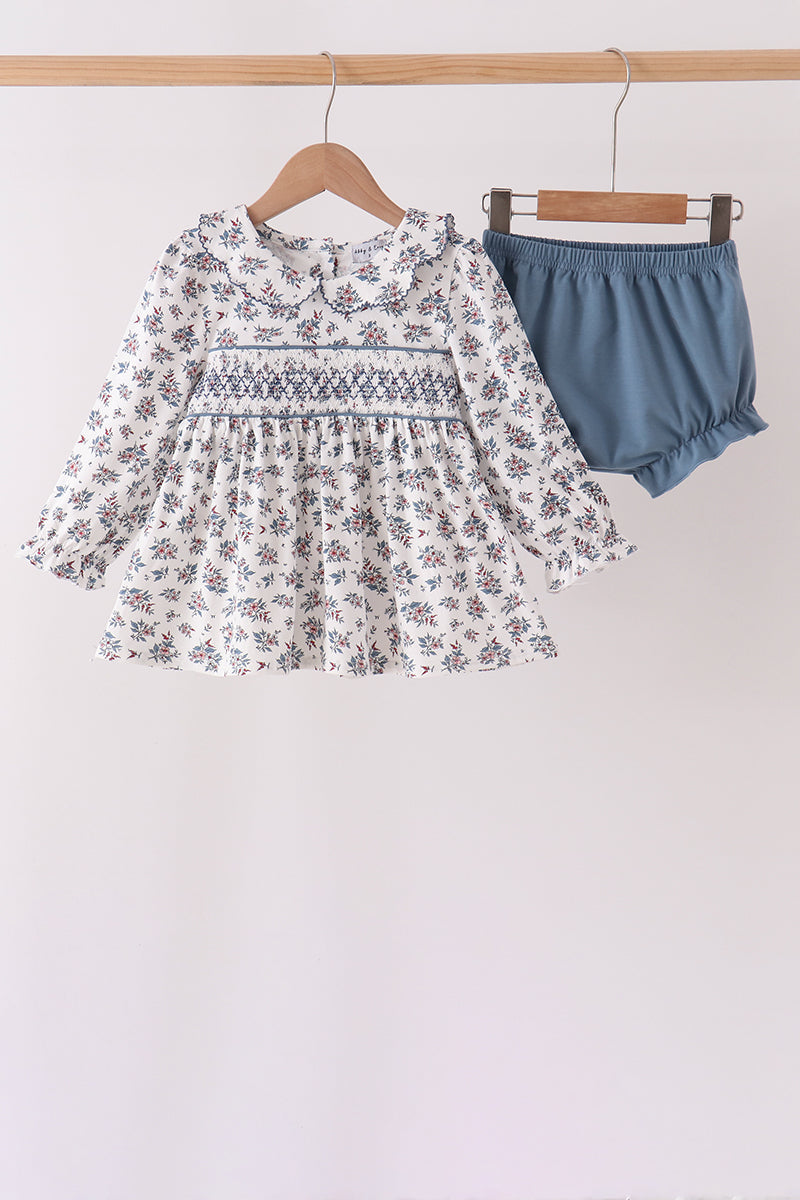 Teal floral smocked bloomer set - ARIA KIDS