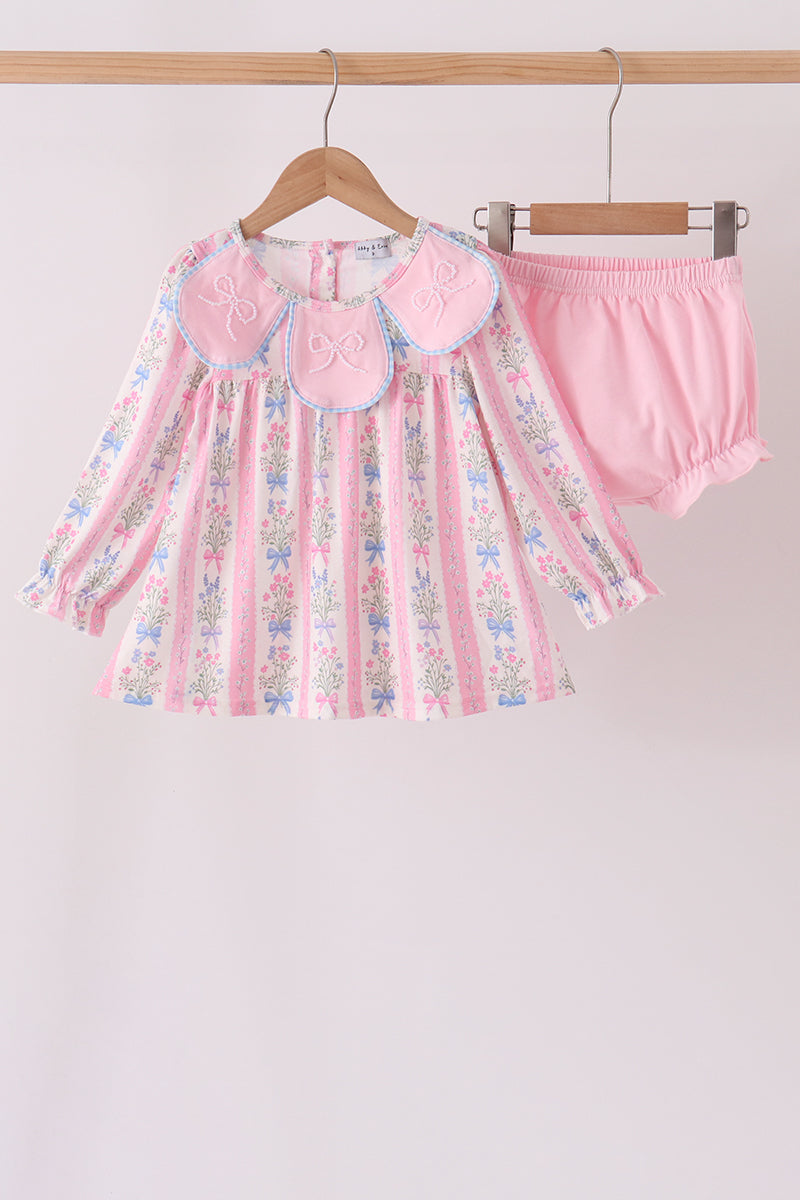 Pink Pearl Bow Floral Bloomer Set - ARIA KIDS