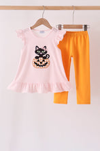 Pink cats Jack-O-Lantern applique ruffle pants set - ARIA KIDS