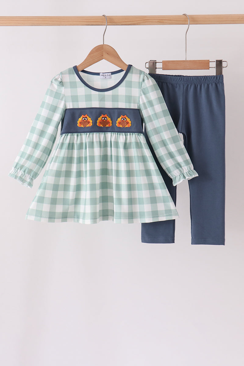 Sage Turkey Embroidery Gingham 2pc Pants Set