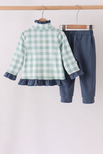 Sage Turkey Embroidery Gingham Ruffle Jogger Set