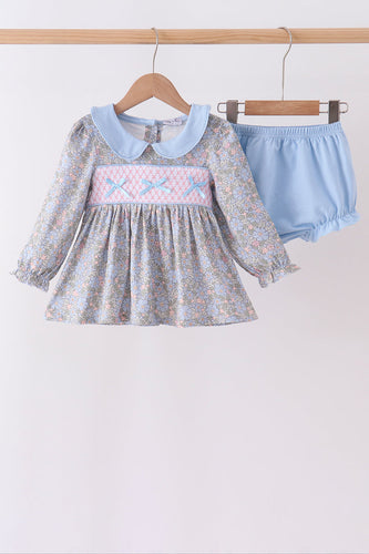 Blue Floral Bow Smocked Bloomer Set - ARIA KIDS