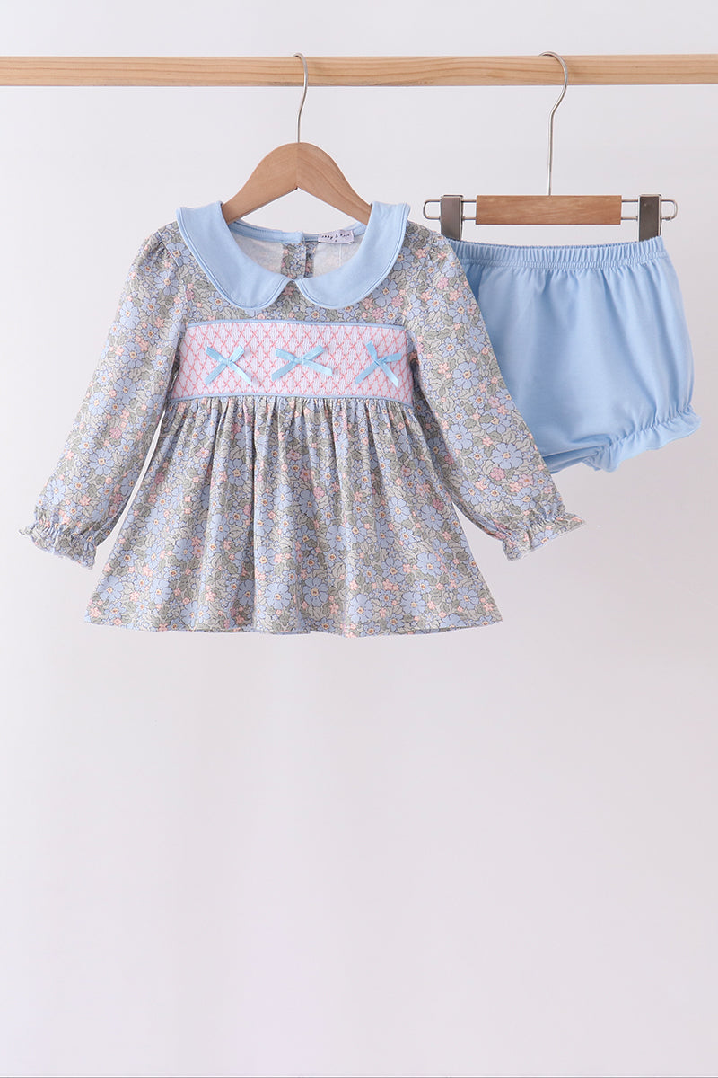 Blue Floral Bow Smocked Bloomer Set - ARIA KIDS
