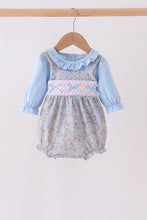 Blue Floral Bow Smocked 2pc Bubble Set - ARIA KIDS