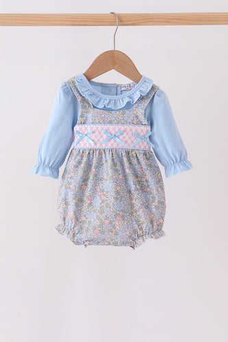 Blue Floral Bow Smocked 2pc Bubble Set - ARIA KIDS