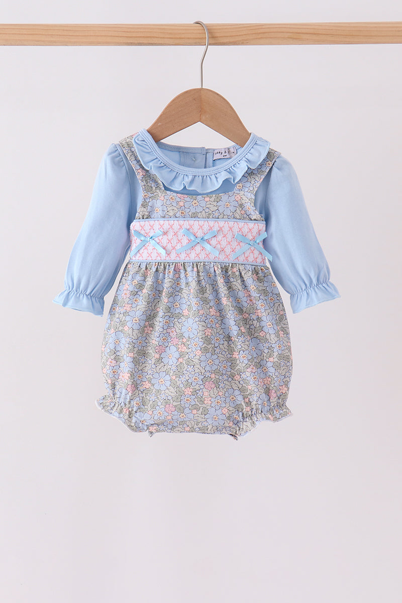 Blue Floral Bow Smocked 2pc Bubble Set - ARIA KIDS