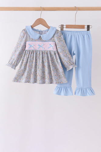 Blue Floral Bow Smocked Ruffle Pants Set - ARIA KIDS