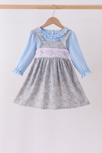 Blue Floral Bow Smocked 2pc Set - ARIA KIDS