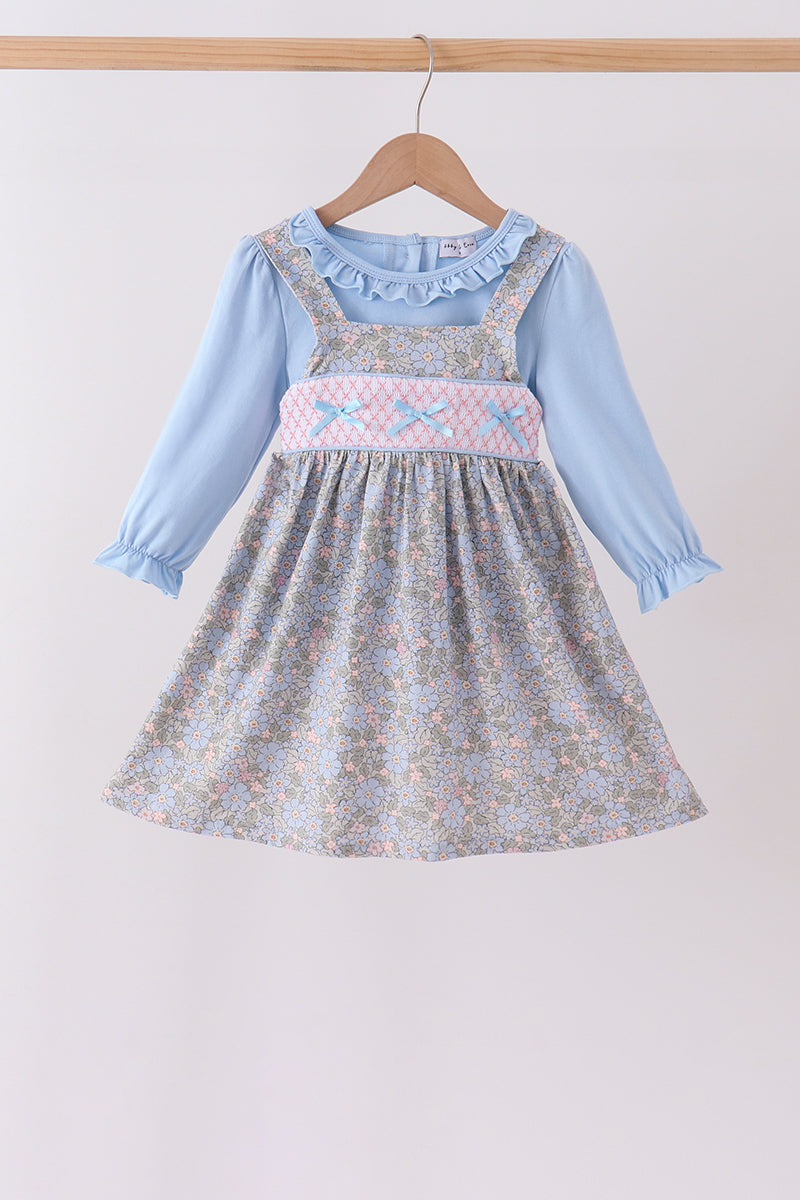 Blue Floral Bow Smocked 2pc Set - ARIA KIDS