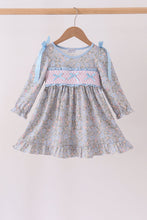 Blue Floral Bow Smocked Ruffle Dress - ARIA KIDS