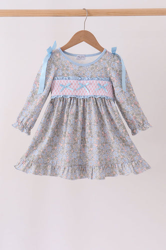 Blue Floral Bow Smocked Ruffle Dress - ARIA KIDS
