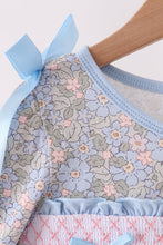 Blue Floral Bow Smocked Ruffle Dress - ARIA KIDS