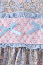 Blue Floral Bow Smocked Ruffle Dress - ARIA KIDS