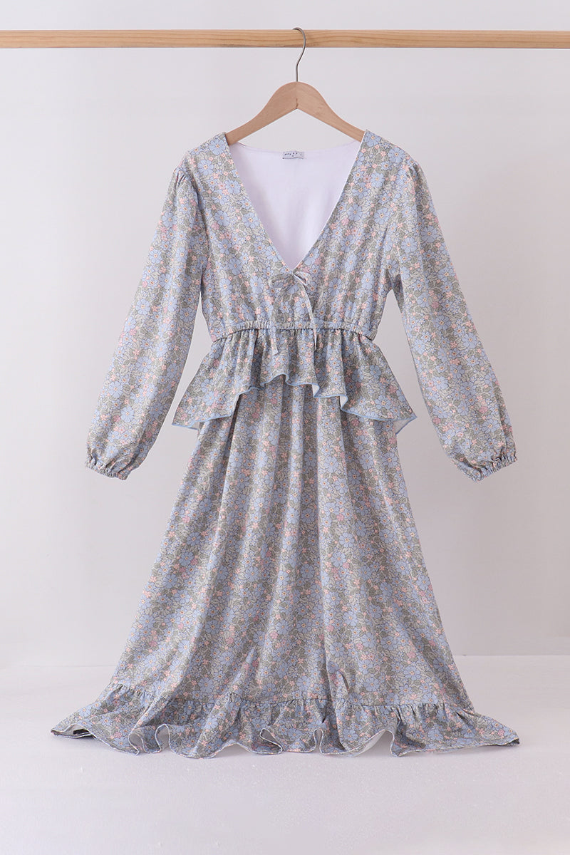 Blue Floral Ruffle Mom Dress - ARIA KIDS