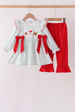 Gray stripe santa french knot ruffle pants set - ARIA KIDS