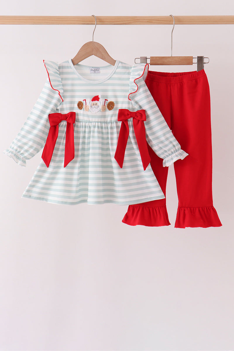 Gray stripe santa french knot ruffle pants set - ARIA KIDS