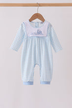 Blue train embroidery gingham romper - ARIA KIDS