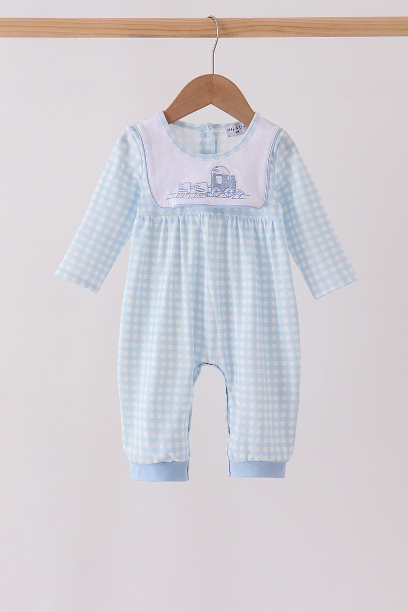 Blue train embroidery gingham romper - ARIA KIDS