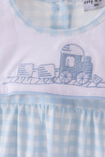 Blue train embroidery gingham romper - ARIA KIDS