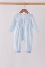 Blue train embroidery gingham romper - ARIA KIDS