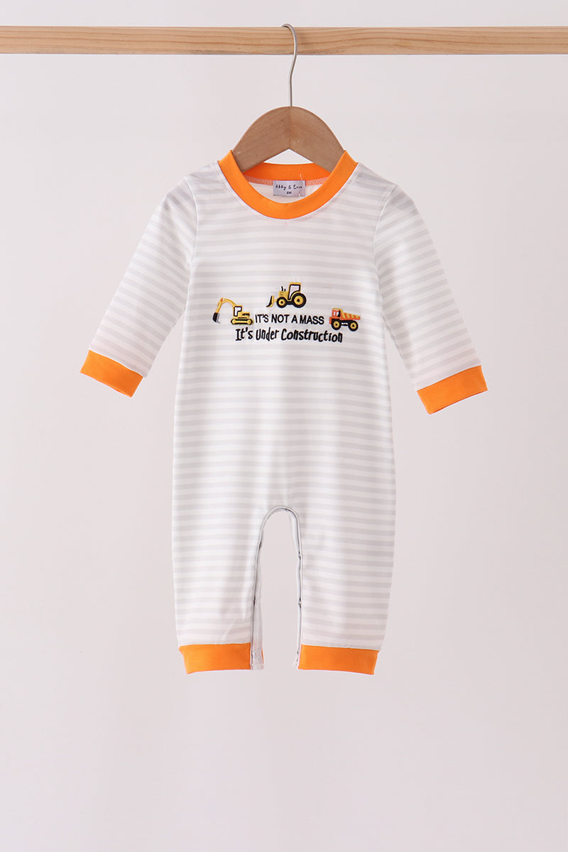 Gray stripe construction vehicle embroidery romper - ARIA KIDS