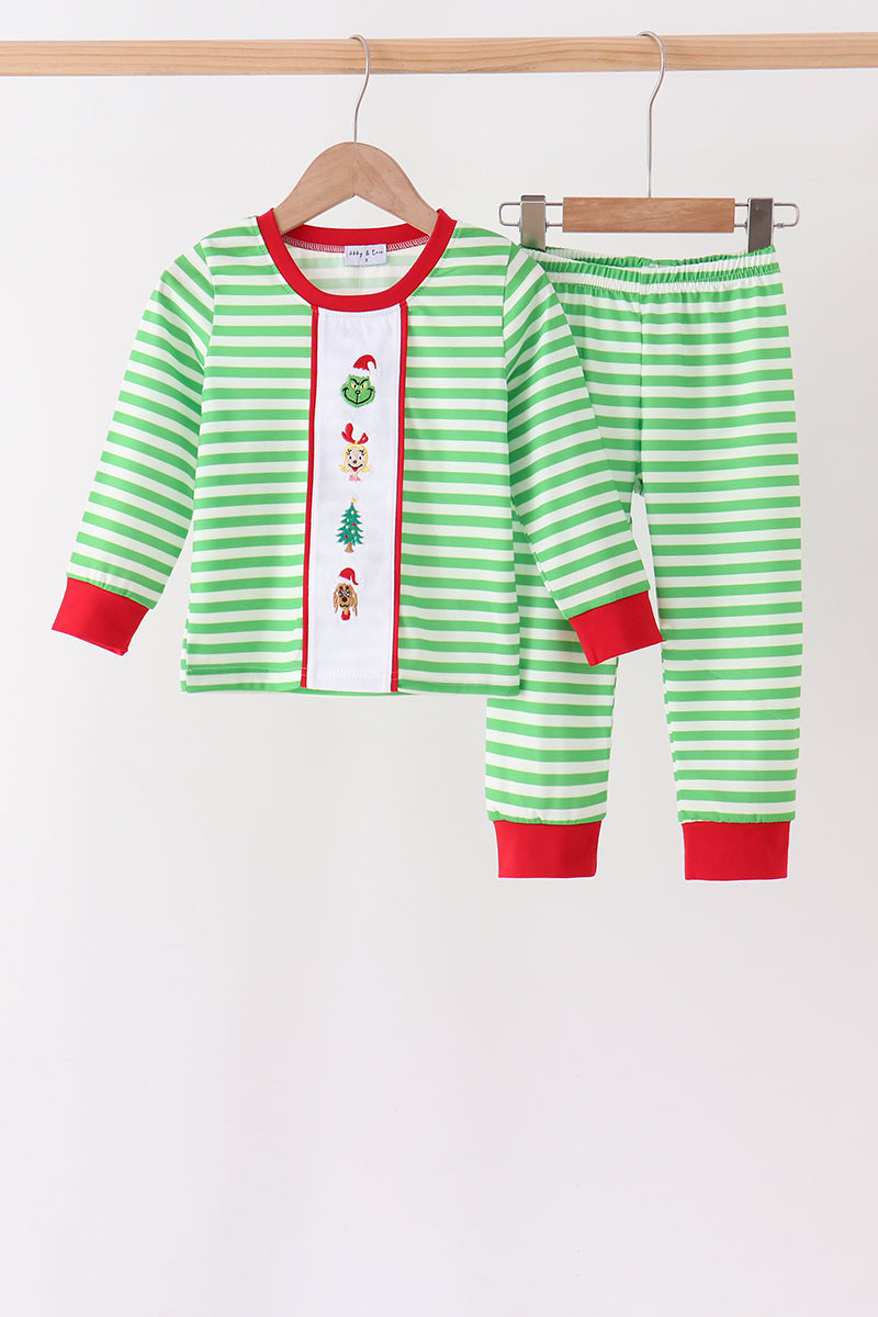 Green stripe grinch embroidery pajama set - ARIA KIDS