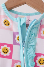 Blue smiling checkered ruffle bamboo romper - ARIA KIDS