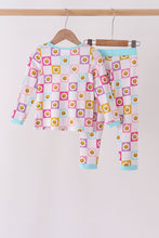 Blue smiling checkered ruffle bamboo pajama set