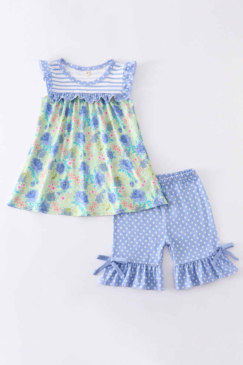 Blue floral print stripe ruffle girl set - ARIA KIDS
