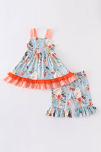 Blue floral print strap ruffle girl set
