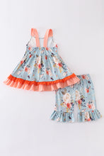 Blue floral print strap ruffle girl set