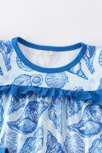 Blue marine creature print ruffle girl set