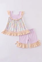 Purple floral print ruffle plaid set