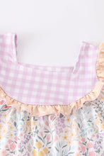 Purple floral print ruffle plaid set