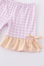 Purple floral print ruffle plaid set