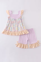 Purple floral print ruffle plaid set